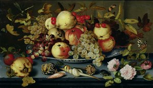 Natura morta con frutta, fiori e frutti di mare